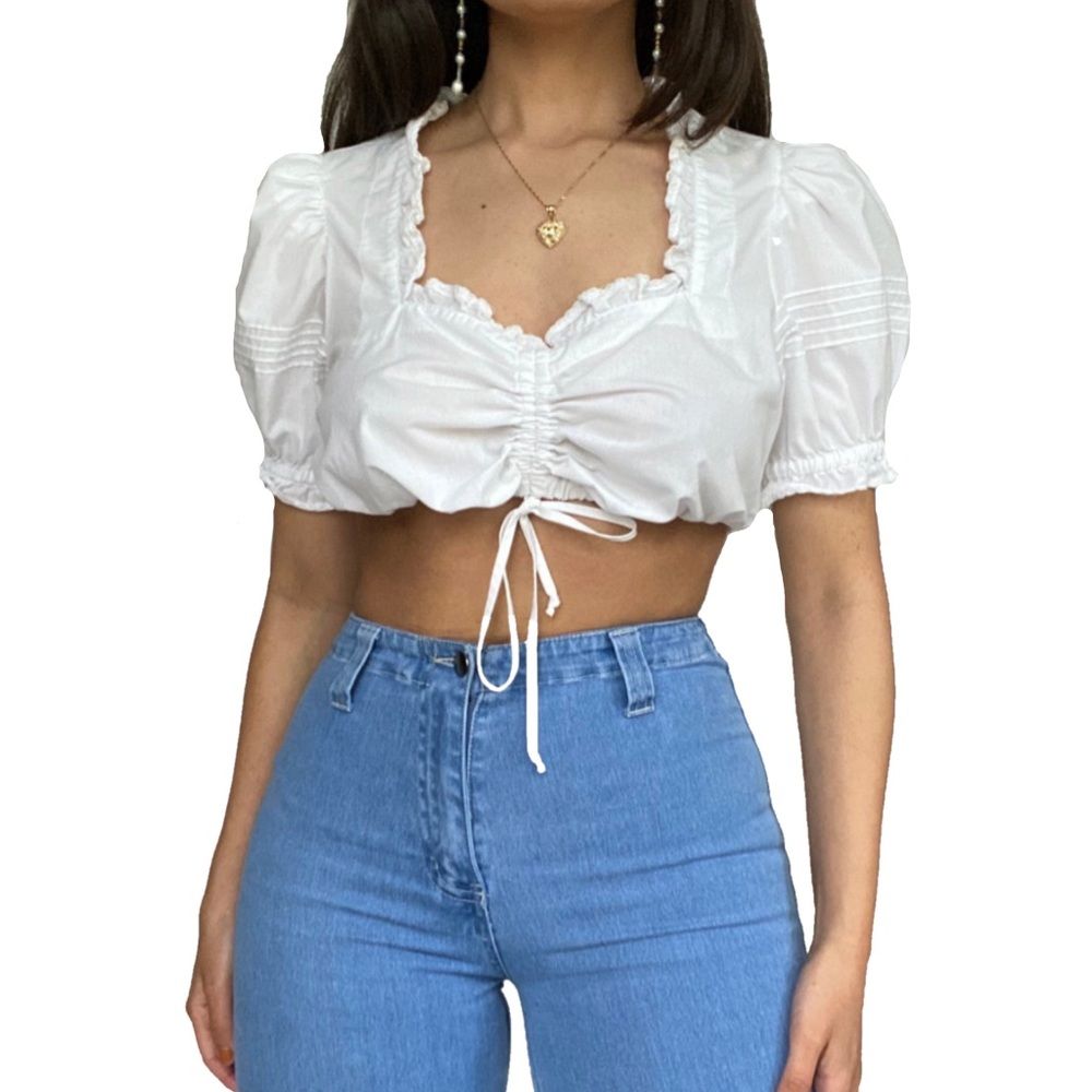￼Vintage Cottagecore Milkmade White Puffy Sleeve Crop Blouse